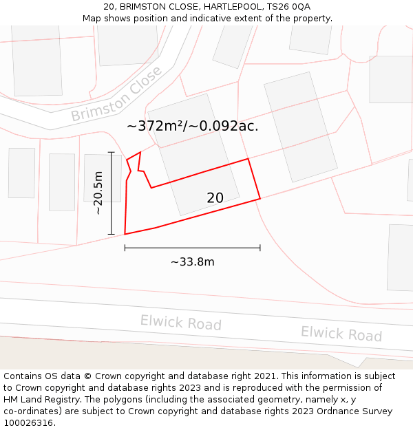 20, BRIMSTON CLOSE, HARTLEPOOL, TS26 0QA: Plot and title map