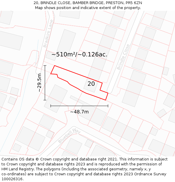 20, BRINDLE CLOSE, BAMBER BRIDGE, PRESTON, PR5 6ZN: Plot and title map