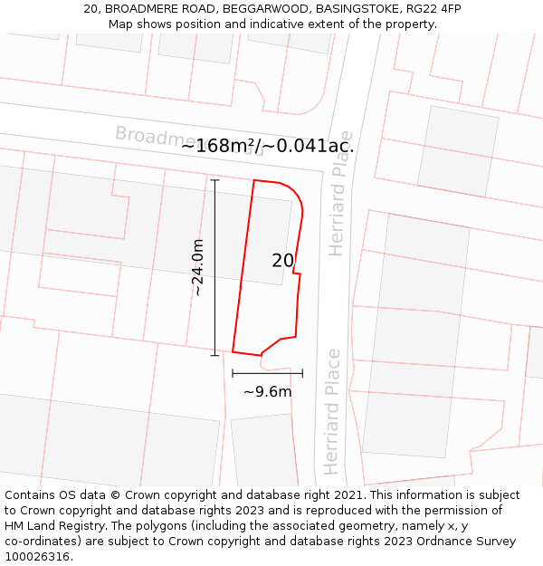 20, BROADMERE ROAD, BEGGARWOOD, BASINGSTOKE, RG22 4FP: Plot and title map