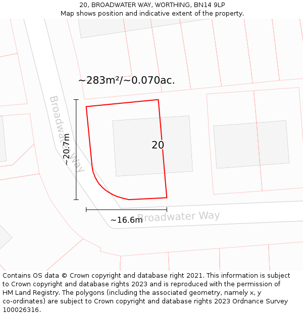 20, BROADWATER WAY, WORTHING, BN14 9LP: Plot and title map