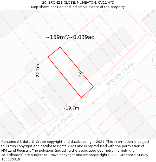 20, BRONZE CLOSE, NUNEATON, CV11 4YD: Plot and title map