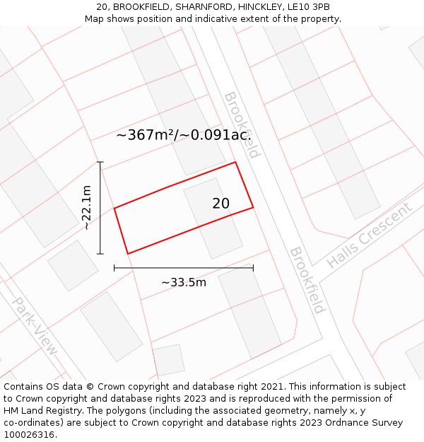 20, BROOKFIELD, SHARNFORD, HINCKLEY, LE10 3PB: Plot and title map