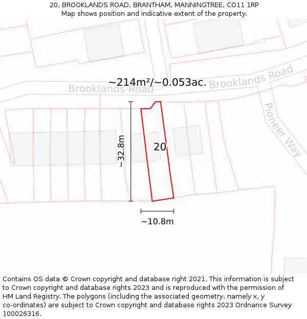 20, BROOKLANDS ROAD, BRANTHAM, MANNINGTREE, CO11 1RP: Plot and title map