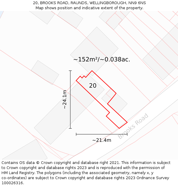 20, BROOKS ROAD, RAUNDS, WELLINGBOROUGH, NN9 6NS: Plot and title map