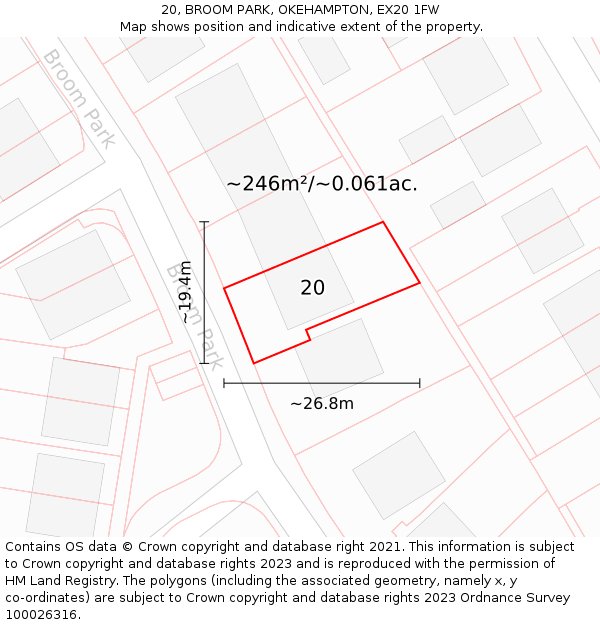 20, BROOM PARK, OKEHAMPTON, EX20 1FW: Plot and title map