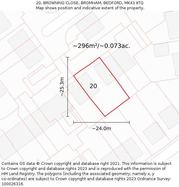 20, BROWNING CLOSE, BROMHAM, BEDFORD, MK43 8TQ: Plot and title map