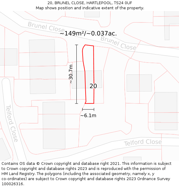 20, BRUNEL CLOSE, HARTLEPOOL, TS24 0UF: Plot and title map
