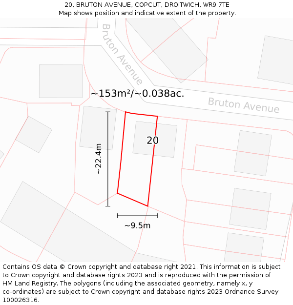 20, BRUTON AVENUE, COPCUT, DROITWICH, WR9 7TE: Plot and title map