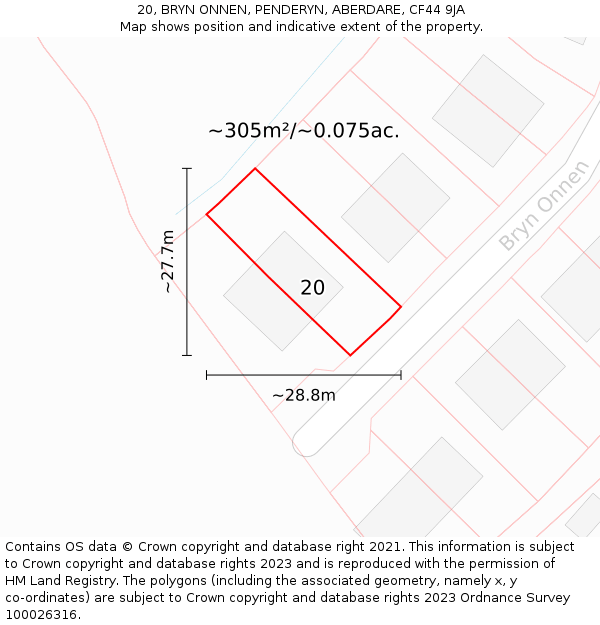 20, BRYN ONNEN, PENDERYN, ABERDARE, CF44 9JA: Plot and title map