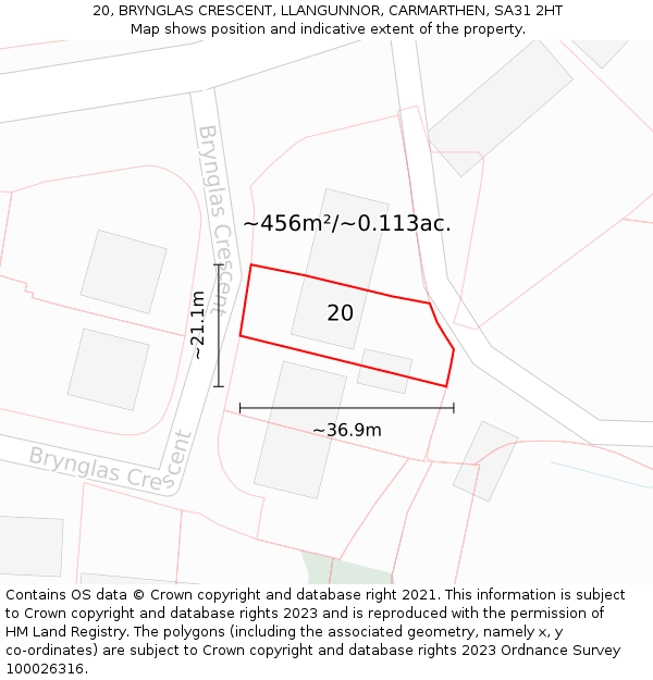 20, BRYNGLAS CRESCENT, LLANGUNNOR, CARMARTHEN, SA31 2HT: Plot and title map