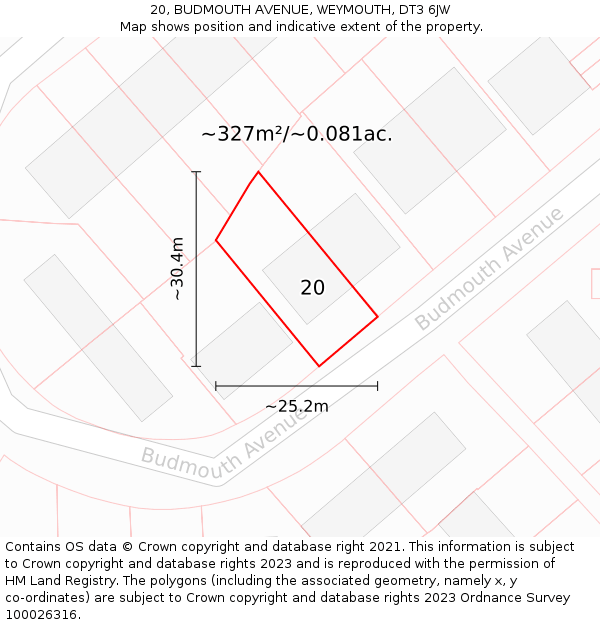 20, BUDMOUTH AVENUE, WEYMOUTH, DT3 6JW: Plot and title map
