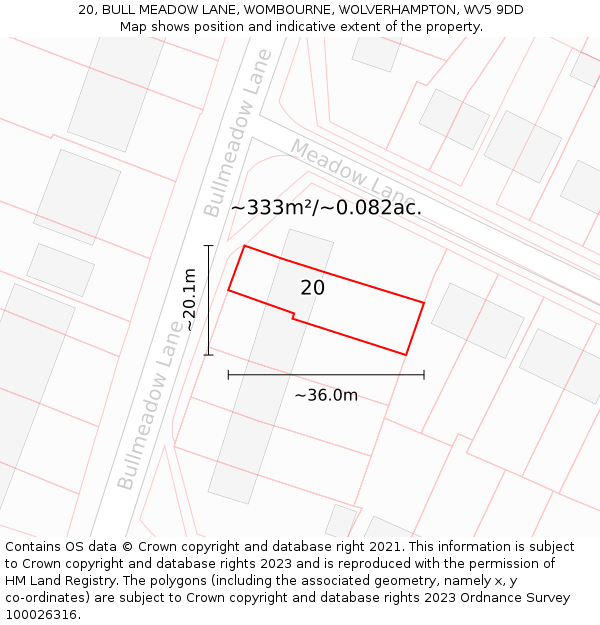 20, BULL MEADOW LANE, WOMBOURNE, WOLVERHAMPTON, WV5 9DD: Plot and title map