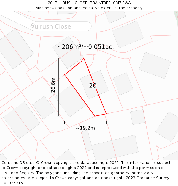 20, BULRUSH CLOSE, BRAINTREE, CM7 1WA: Plot and title map
