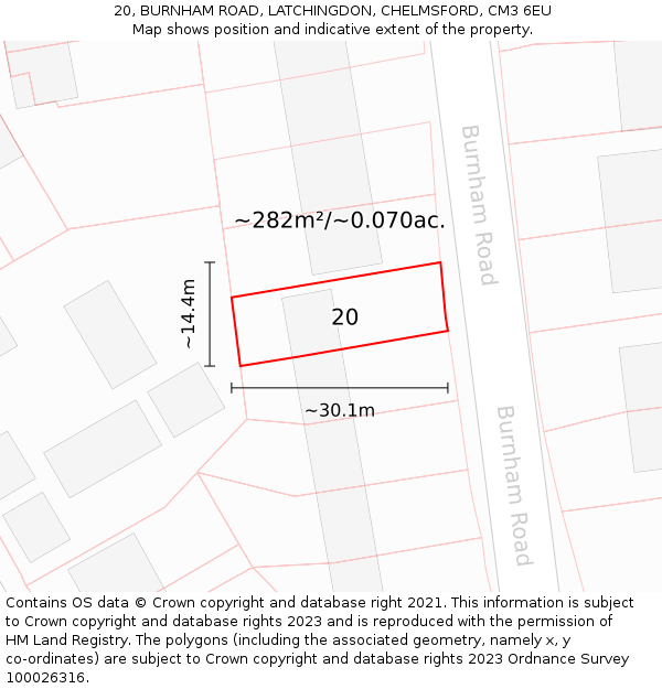 20, BURNHAM ROAD, LATCHINGDON, CHELMSFORD, CM3 6EU: Plot and title map