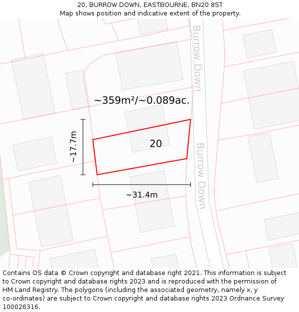 20, BURROW DOWN, EASTBOURNE, BN20 8ST: Plot and title map