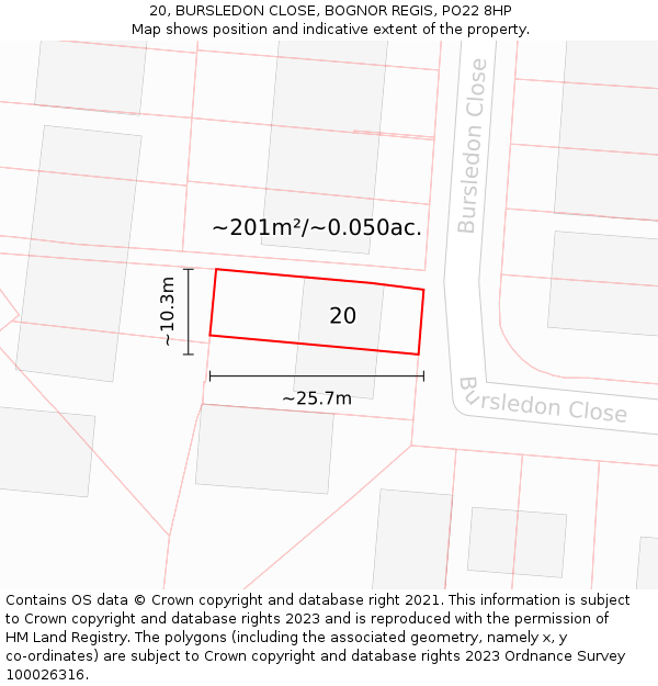 20, BURSLEDON CLOSE, BOGNOR REGIS, PO22 8HP: Plot and title map