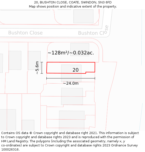 20, BUSHTON CLOSE, COATE, SWINDON, SN3 6FD: Plot and title map