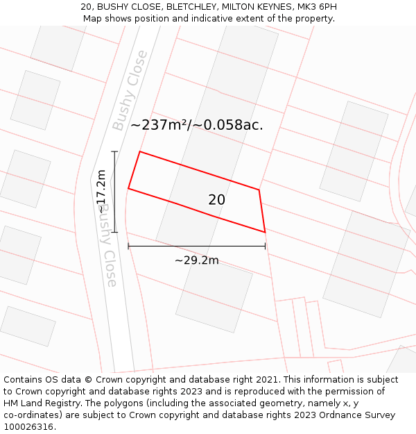 20, BUSHY CLOSE, BLETCHLEY, MILTON KEYNES, MK3 6PH: Plot and title map