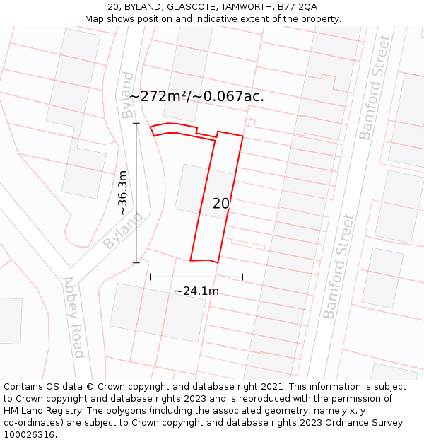 20, BYLAND, GLASCOTE, TAMWORTH, B77 2QA: Plot and title map