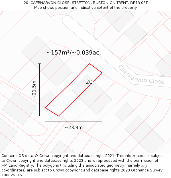 20, CAERNARVON CLOSE, STRETTON, BURTON-ON-TRENT, DE13 0ET: Plot and title map