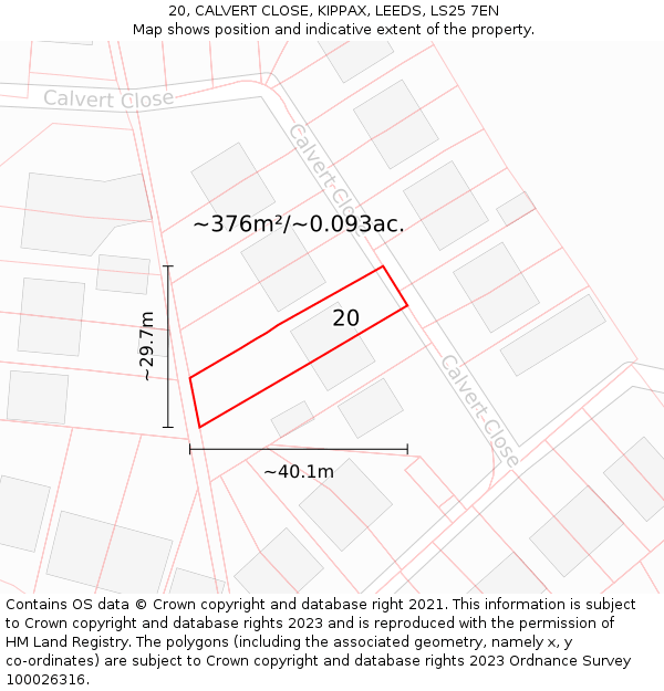 20, CALVERT CLOSE, KIPPAX, LEEDS, LS25 7EN: Plot and title map