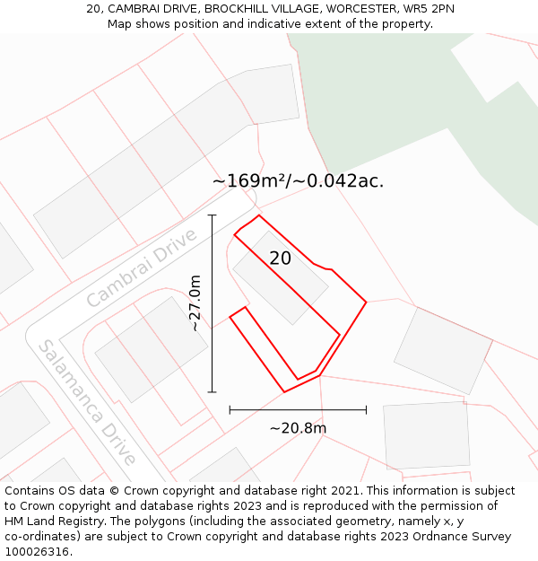 20, CAMBRAI DRIVE, BROCKHILL VILLAGE, WORCESTER, WR5 2PN: Plot and title map
