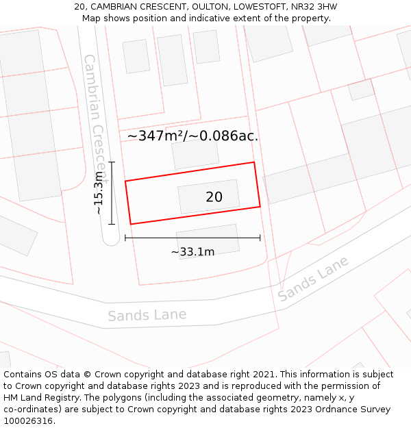 20, CAMBRIAN CRESCENT, OULTON, LOWESTOFT, NR32 3HW: Plot and title map