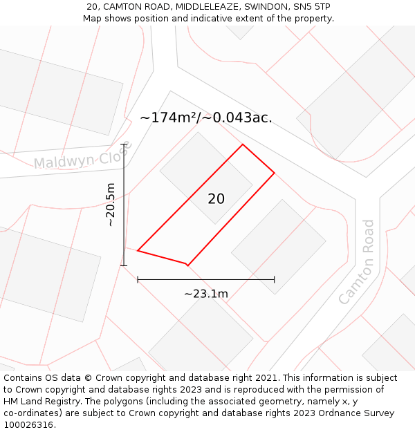 20, CAMTON ROAD, MIDDLELEAZE, SWINDON, SN5 5TP: Plot and title map