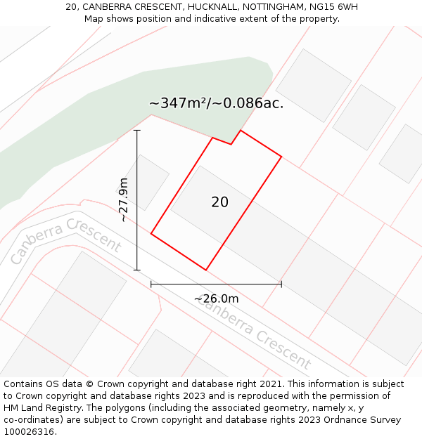 20, CANBERRA CRESCENT, HUCKNALL, NOTTINGHAM, NG15 6WH: Plot and title map