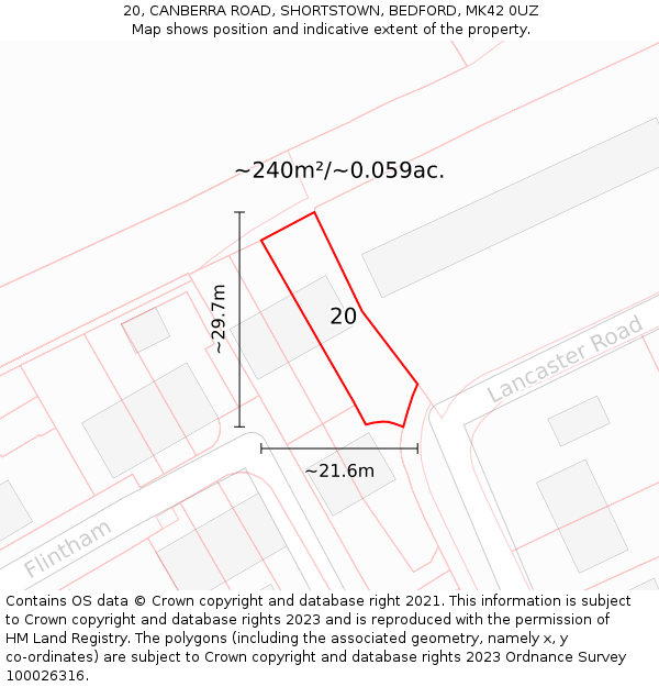 20, CANBERRA ROAD, SHORTSTOWN, BEDFORD, MK42 0UZ: Plot and title map