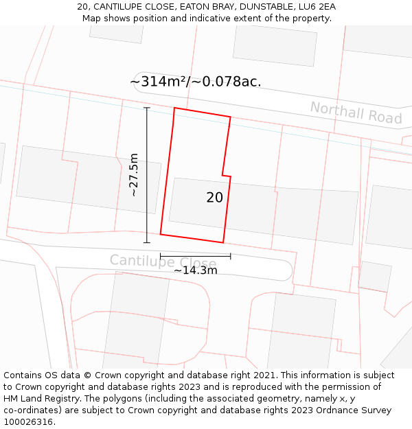 20, CANTILUPE CLOSE, EATON BRAY, DUNSTABLE, LU6 2EA: Plot and title map