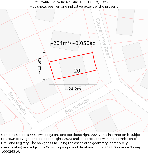 20, CARNE VIEW ROAD, PROBUS, TRURO, TR2 4HZ: Plot and title map