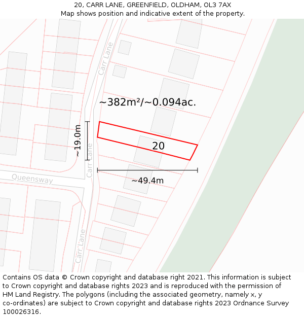 20, CARR LANE, GREENFIELD, OLDHAM, OL3 7AX: Plot and title map