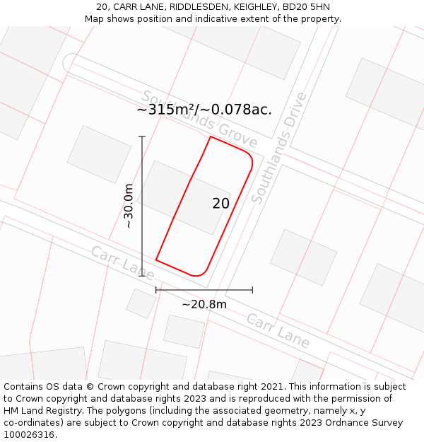 20, CARR LANE, RIDDLESDEN, KEIGHLEY, BD20 5HN: Plot and title map