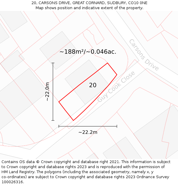 20, CARSONS DRIVE, GREAT CORNARD, SUDBURY, CO10 0NE: Plot and title map
