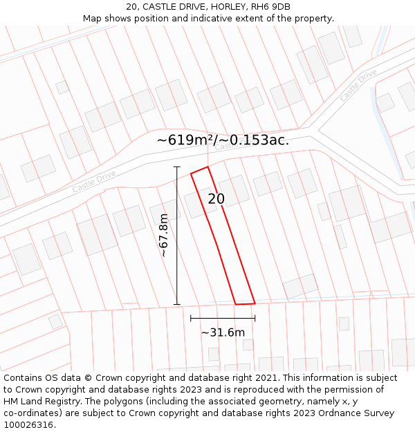 20, CASTLE DRIVE, HORLEY, RH6 9DB: Plot and title map