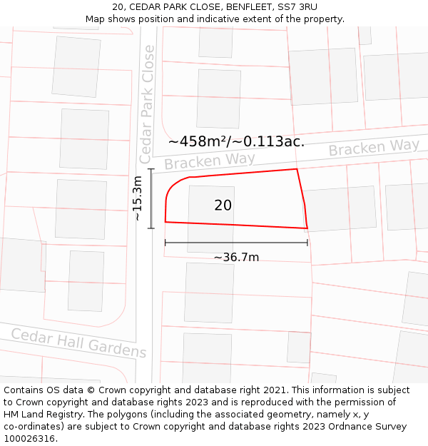 20, CEDAR PARK CLOSE, BENFLEET, SS7 3RU: Plot and title map