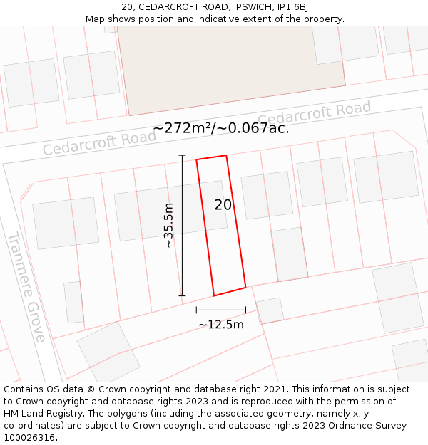20, CEDARCROFT ROAD, IPSWICH, IP1 6BJ: Plot and title map