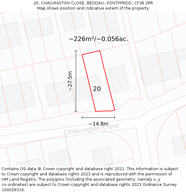 20, CHALVINGTON CLOSE, BEDDAU, PONTYPRIDD, CF38 2RR: Plot and title map
