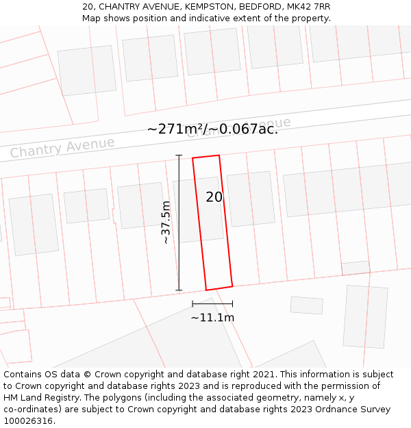 20, CHANTRY AVENUE, KEMPSTON, BEDFORD, MK42 7RR: Plot and title map
