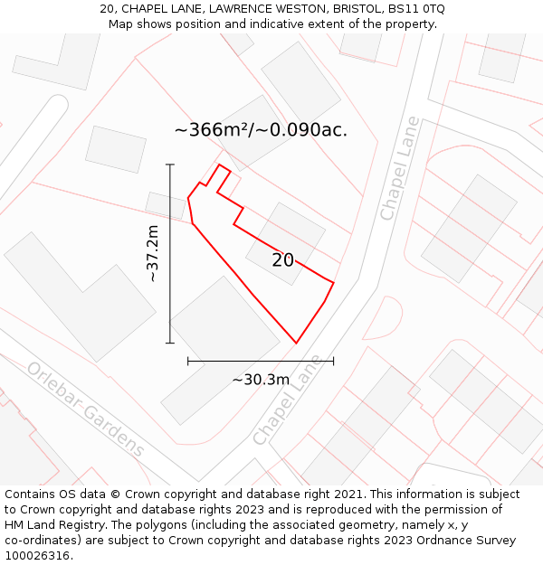 20, CHAPEL LANE, LAWRENCE WESTON, BRISTOL, BS11 0TQ: Plot and title map