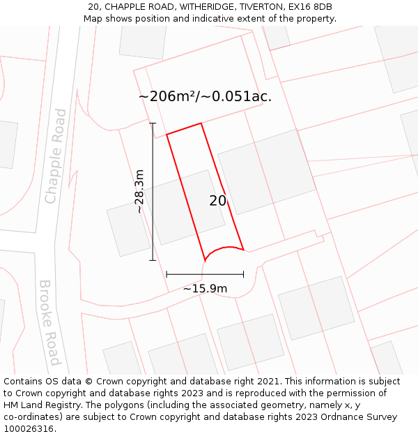 20, CHAPPLE ROAD, WITHERIDGE, TIVERTON, EX16 8DB: Plot and title map