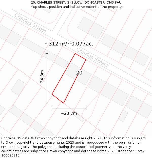 20, CHARLES STREET, SKELLOW, DONCASTER, DN6 8AU: Plot and title map