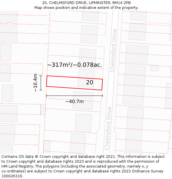 20, CHELMSFORD DRIVE, UPMINSTER, RM14 2PB: Plot and title map