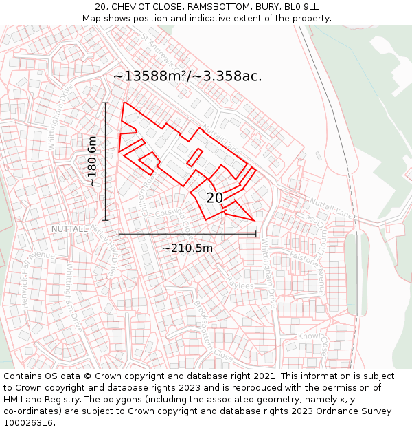 20, CHEVIOT CLOSE, RAMSBOTTOM, BURY, BL0 9LL: Plot and title map