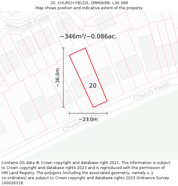 20, CHURCH FIELDS, ORMSKIRK, L39 3AR: Plot and title map