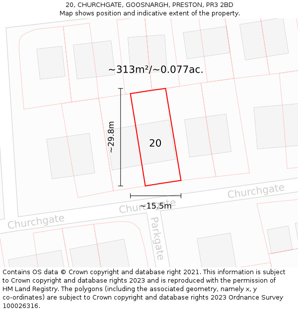 20, CHURCHGATE, GOOSNARGH, PRESTON, PR3 2BD: Plot and title map