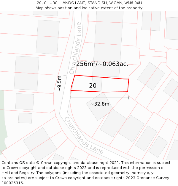 20, CHURCHLANDS LANE, STANDISH, WIGAN, WN6 0XU: Plot and title map