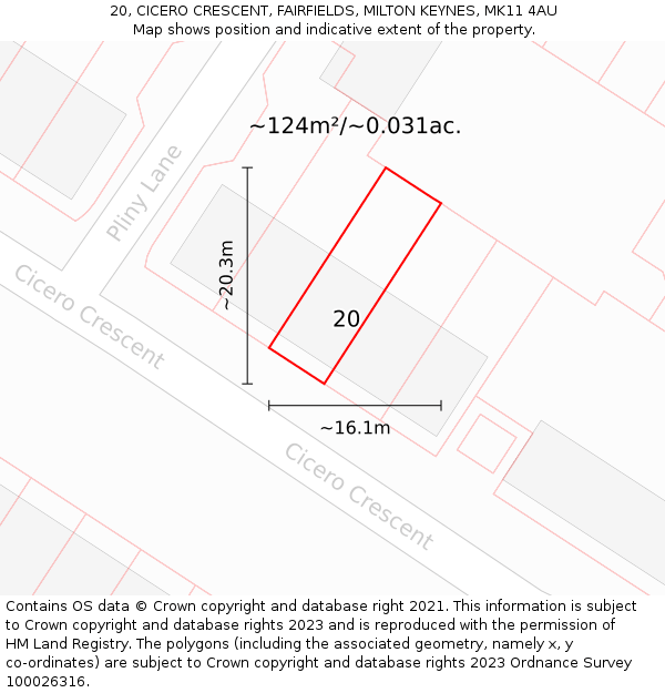 20, CICERO CRESCENT, FAIRFIELDS, MILTON KEYNES, MK11 4AU: Plot and title map