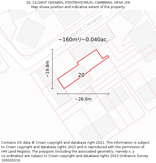 20, CILGANT CEINWEN, PONTRHYDYRUN, CWMBRAN, NP44 1FA: Plot and title map